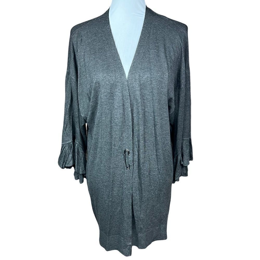 Max Studio Cardigan Grey Safety Pin Front Closure Ruffled Cuffs Medium